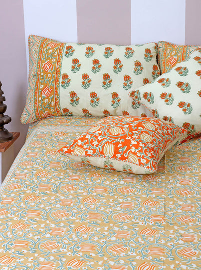 40s Cotton Pillow Cover in Lotus Block Print with Magji Flap